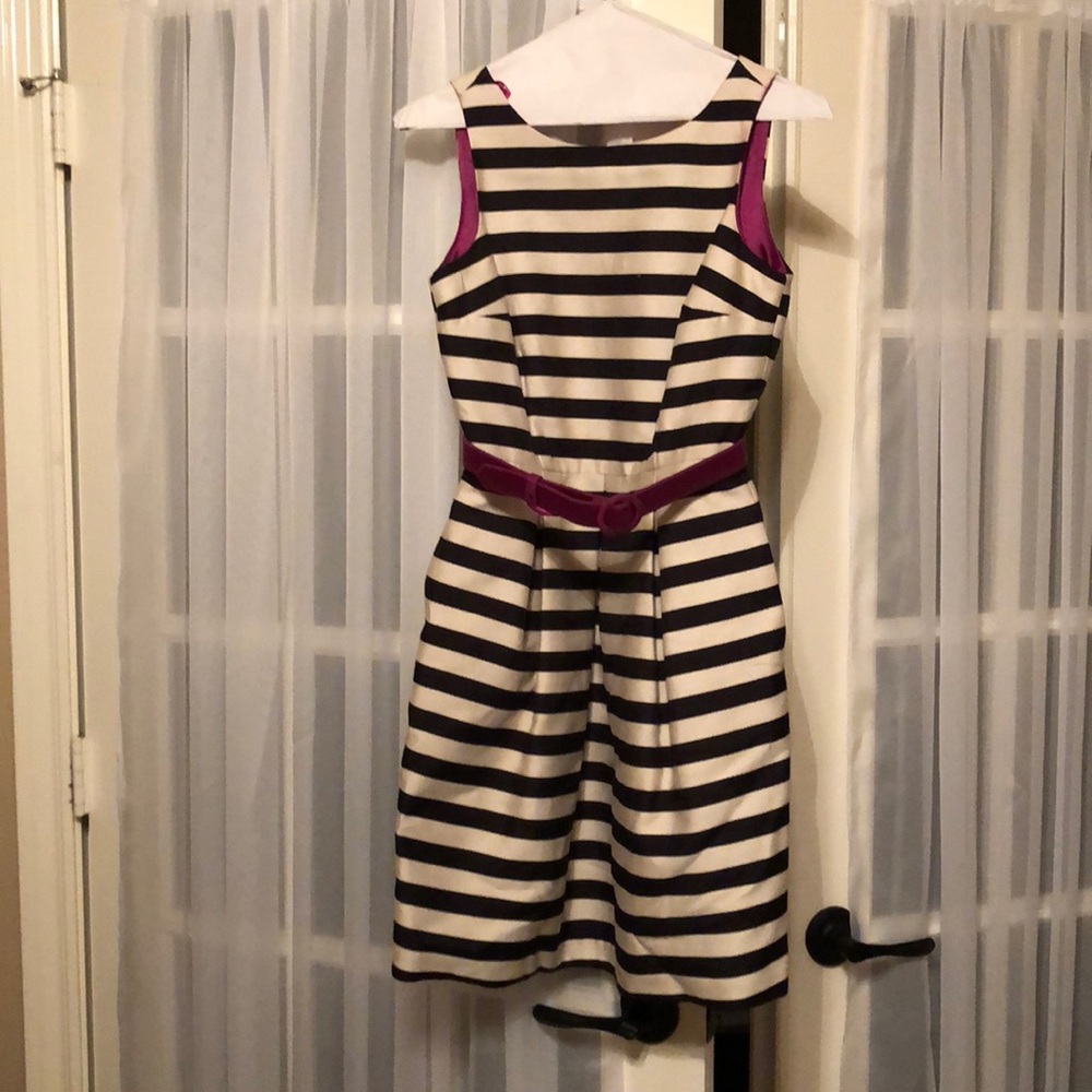 White House Black Market Black and White Striped Midi Dress with Purple Accents